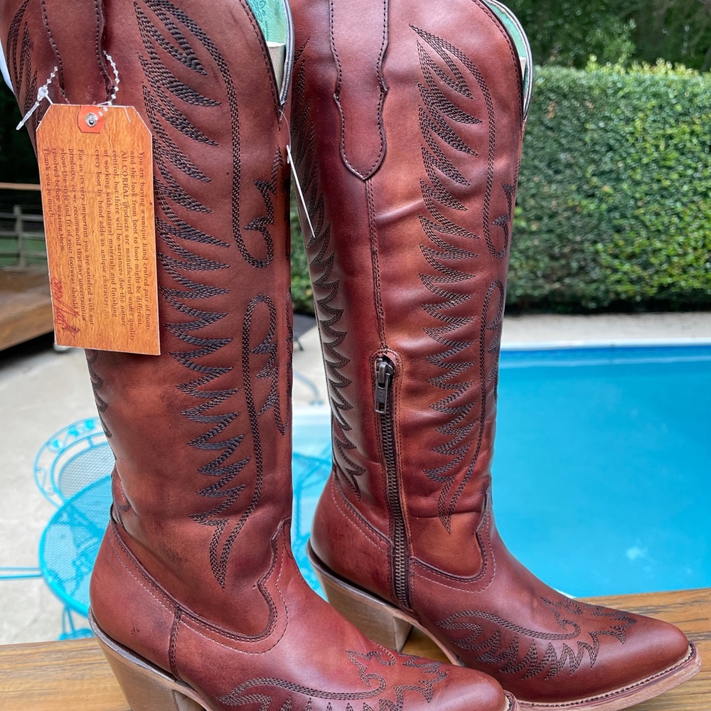 Cognac Tall Top Embroidery Boot by Corral size 7